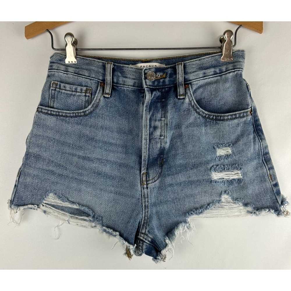 Pacsun Jean Shorts Vintage High Rise Women's Sz 26 Blue Distressed Raw Hem